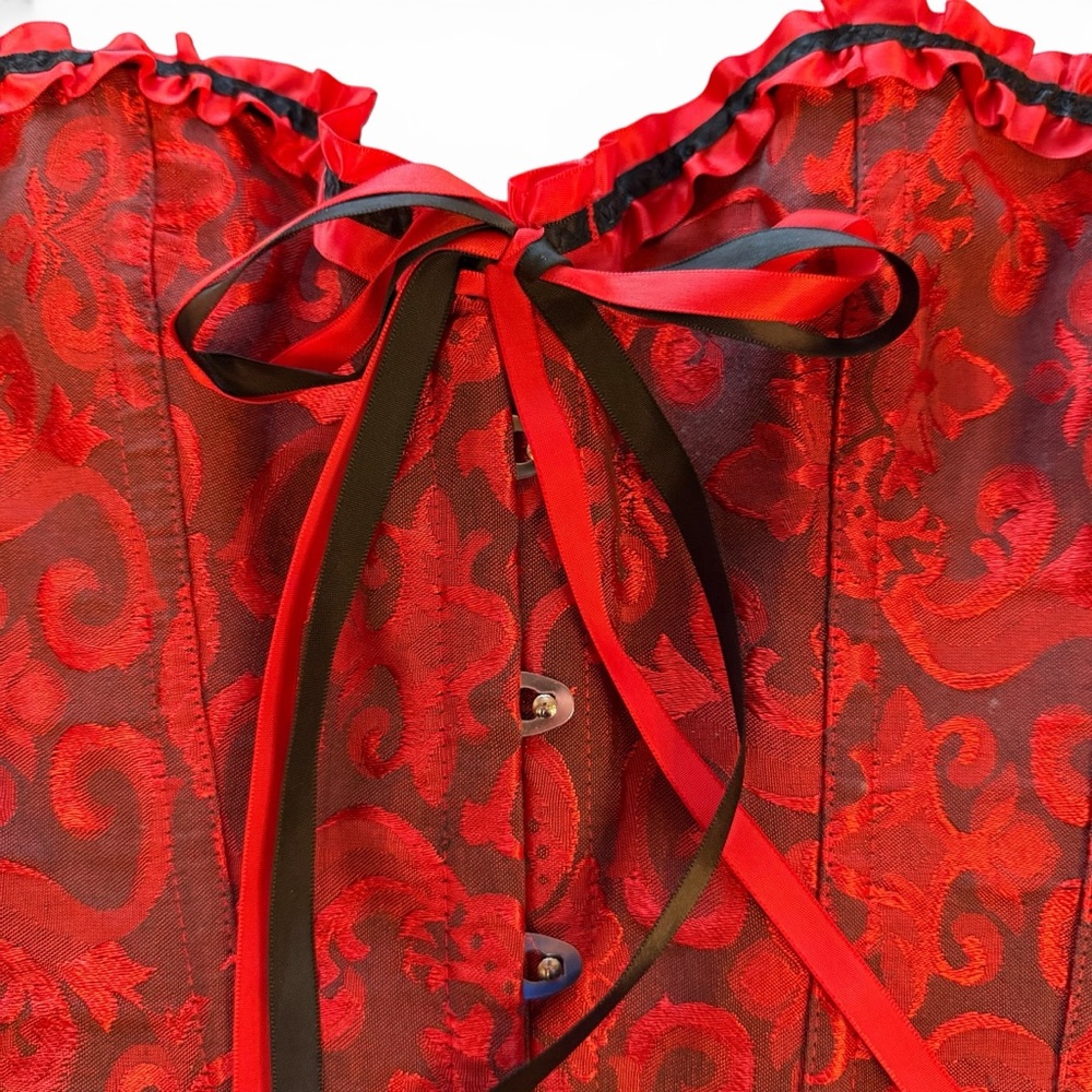 Red Brocade Strapless Corset Bustier with Ribbon Trim - Picture 3 of 11
